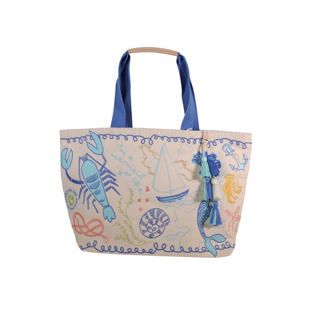 Spartina 449 Cotton Canvas Beach Tote – Overboard | Nautical Mermaid Print - NWT